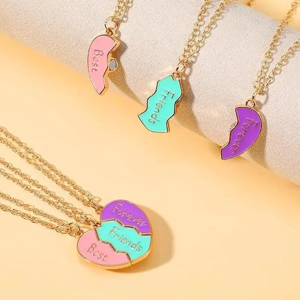Set of 3 Magnetic Heart Friendship Necklaces & Bracelet BFF Best Friends Forever Fantasy Cute Pendant for Unbreakable Friendship, BFF Necklace Jewelry Gift for Women Girls