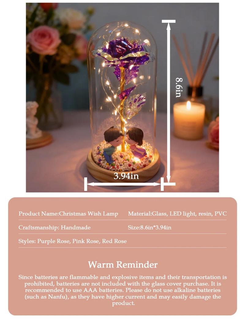 Valentine's Day simulation gilt roses, creative wooden base glass cover with couple dolls, colorful foam balls, AA battery power supply, gift box packaging suitable for Valentine's Day gifts, romantic night lights in home bedrooms