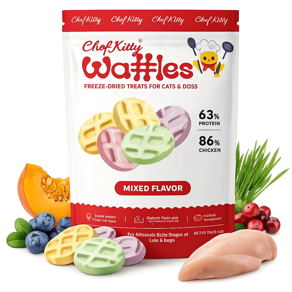 Waffle Freeze Dried Chicken Cat Treats | Healthy Kitten Treats Inspected in USA | Human Grade Dog & Cat Food Toppers | Without Additives, 4 Flavors
