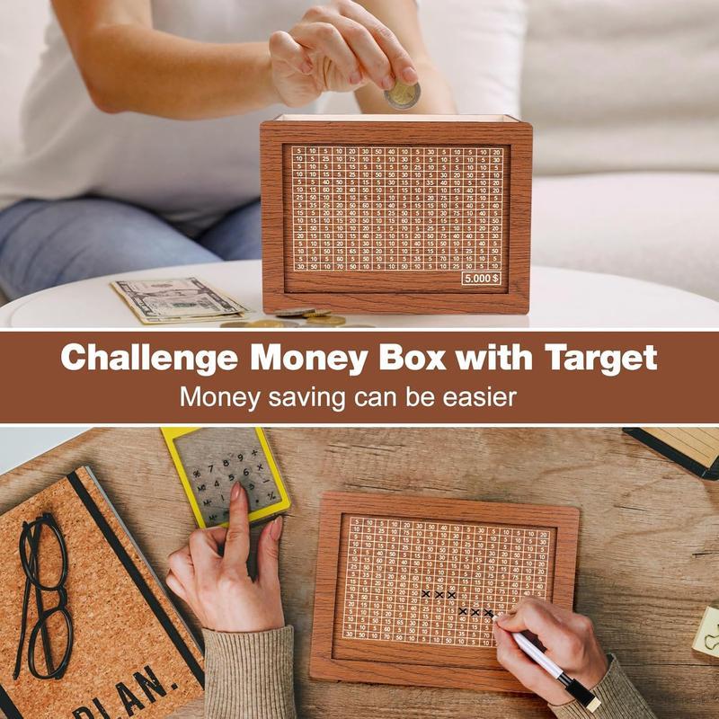 $10,000 Savings Challenge Box, Wooden Cash Vault for Kids & Adults, Money Saving Box with Lid, Birthday Piggy Bank Gift Home Decor