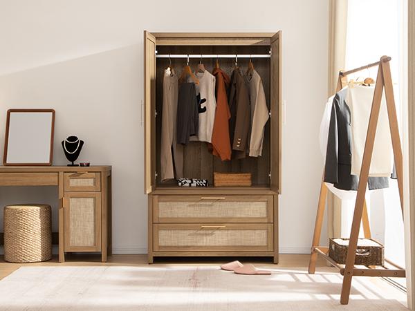 SICOTAS Rattan Armoire Wardrobe Closet Cabinet, 71" Tall Wardrobe Storage Cabinet with Doors, Larger Drawers and Hanging Rod, Boho Armoire Clothes Organizer for Bedroom, Laundry Room, Cloak Room, Oak