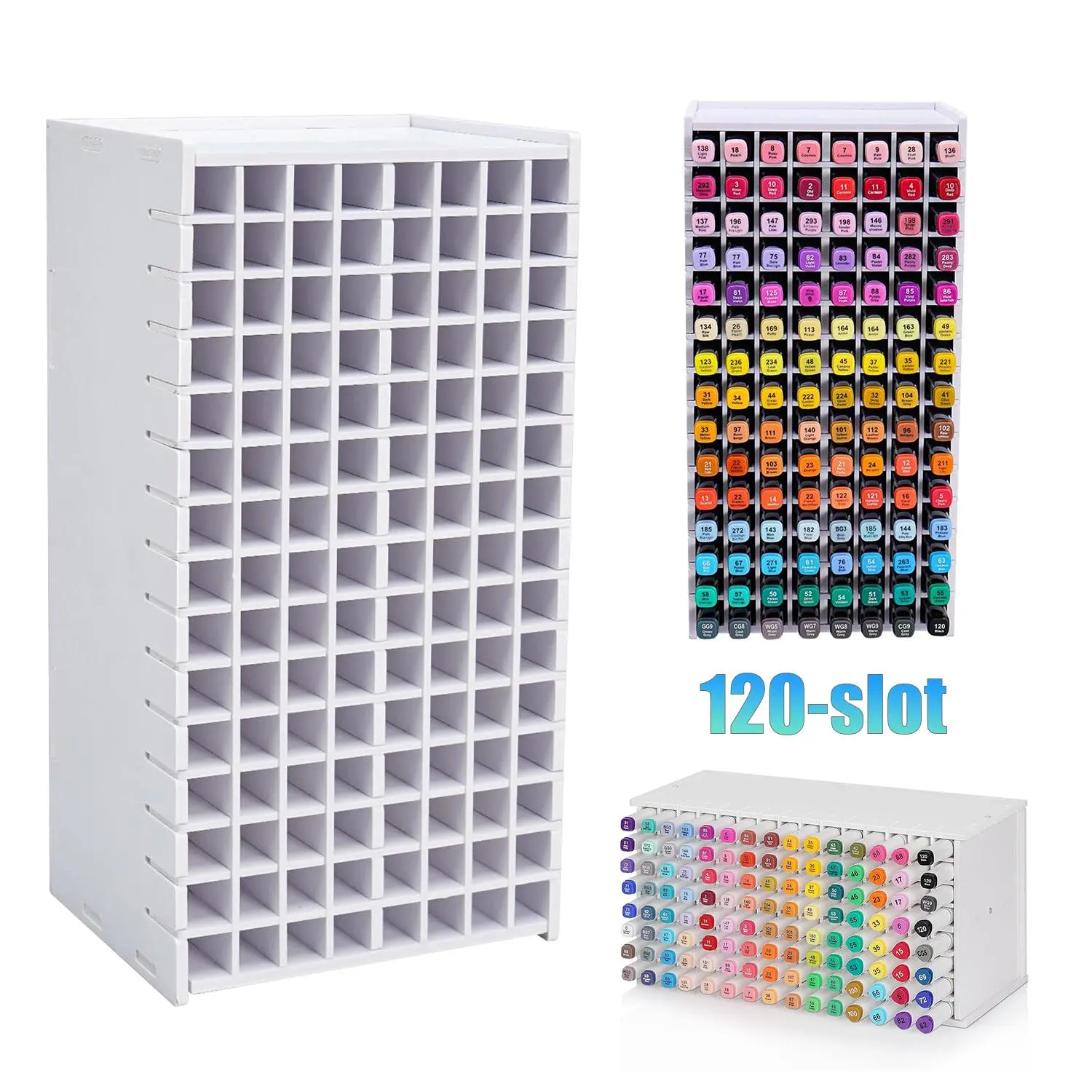 Marker Storage Organizer (1 Pack) - 120-Slot PVC Foam Board Desk Organizer with Removable Adjustable Dividers, 13.39x6.89x5.12in Multifunctional Holder, Office Desk Accessories for Storing Pencils, Paint Brushes (Organization Features Storage Boxes), Desk