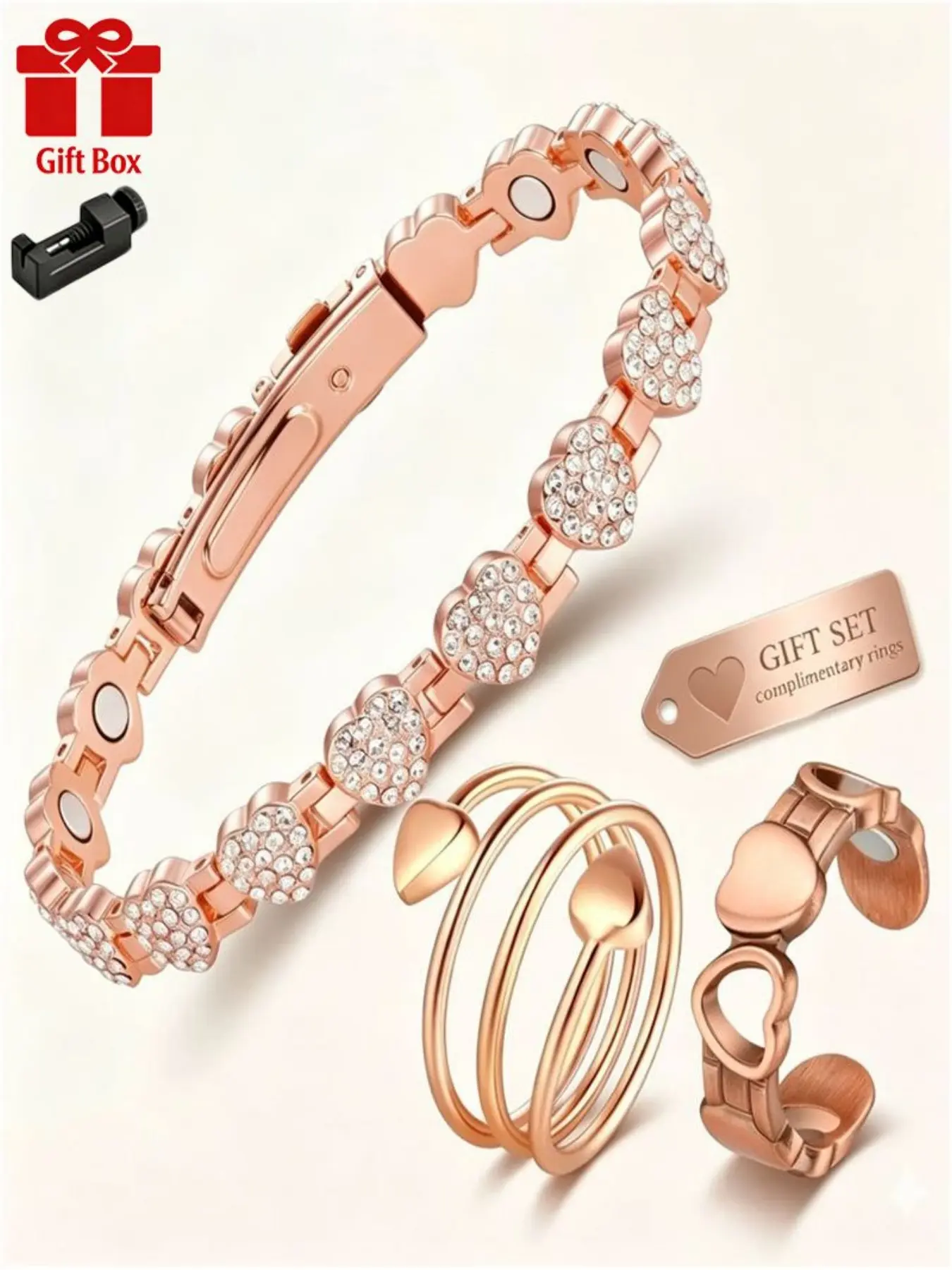 Women's Pure Copper Magnetic Bracelet Set, Bracelet Combination Set, Includes 2 Rings, 3800 Gauss Strong Magnet, Diamond Design, Health Gift Box, Diamond Encrusted Bracelet, Heart Bracelet Set