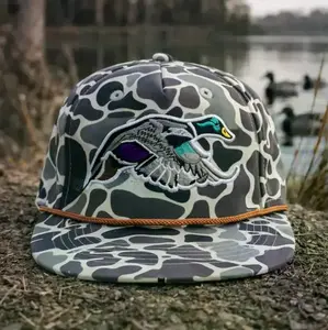 Flying Mallard Duck Camo Snapback Hat | Embroidered Waterfowl Hunting Cap | Vintage Flat Brim Outdoor Trucker Hat