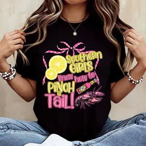 Southern Girls Know How To Pinch Tail T Shirt With Lemon And Crawfish Design For Casual Wear And Summer Outfits