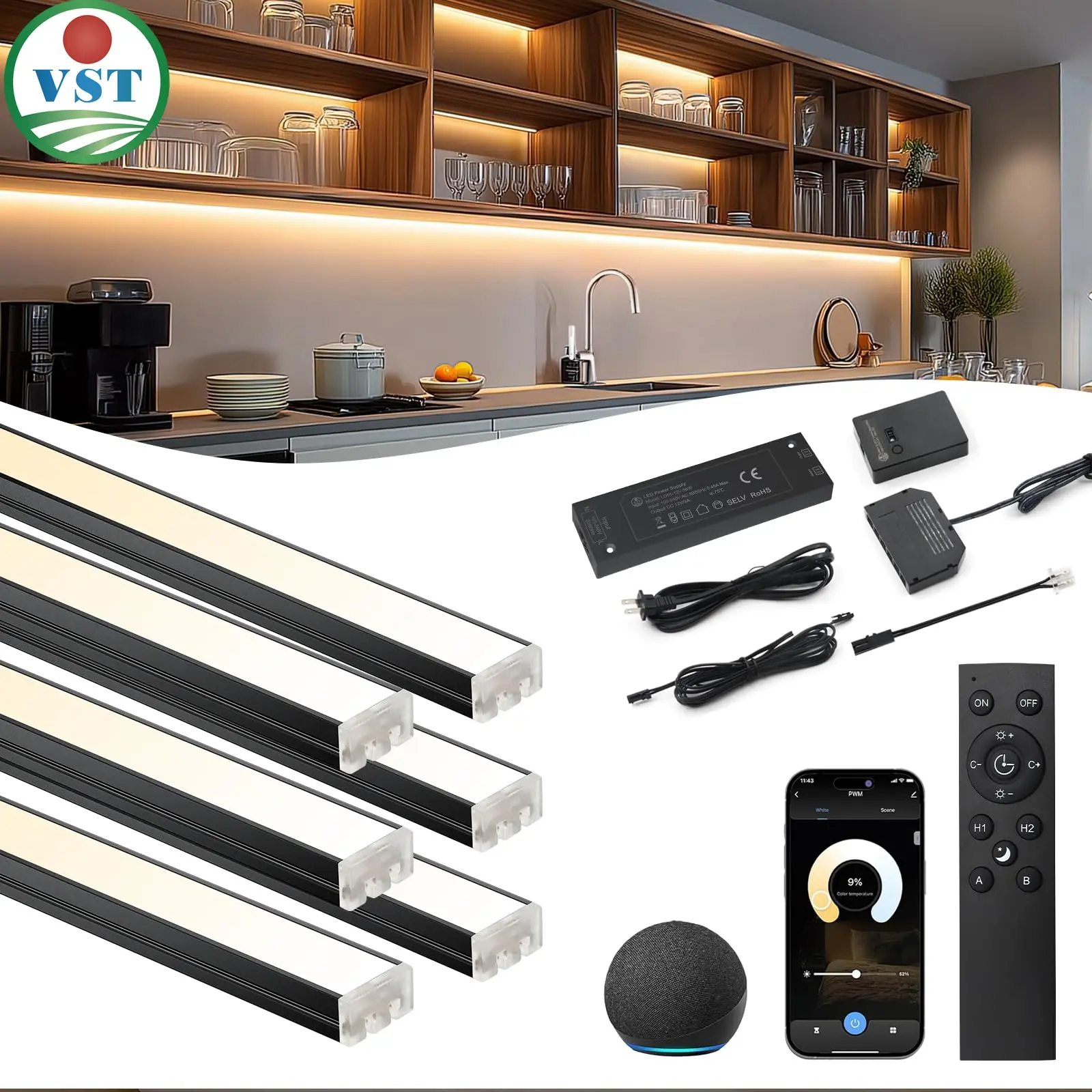 VST 36W Matte Black Smart Under Cabinet Aluminum Strip Lights, 6-Bar UL Listed Indoor Lights with CRI 93+, Alexa & Google Home Compatibility, Multi-Control (App/Voice/Hand Wave), 0.3-Inch Low Profile, Memory Function for Kitchen Cabinets, Closets, Motion