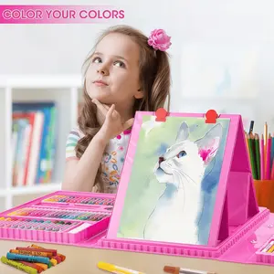 208 PCS Art Supplies, Drawing Art Kit for Kids, Art Set with Double Sided Trifold Easel, Oil Pastels, Crayons, Colored Pencils, Watercolor Pens Gift for Girls and Boys, Pink