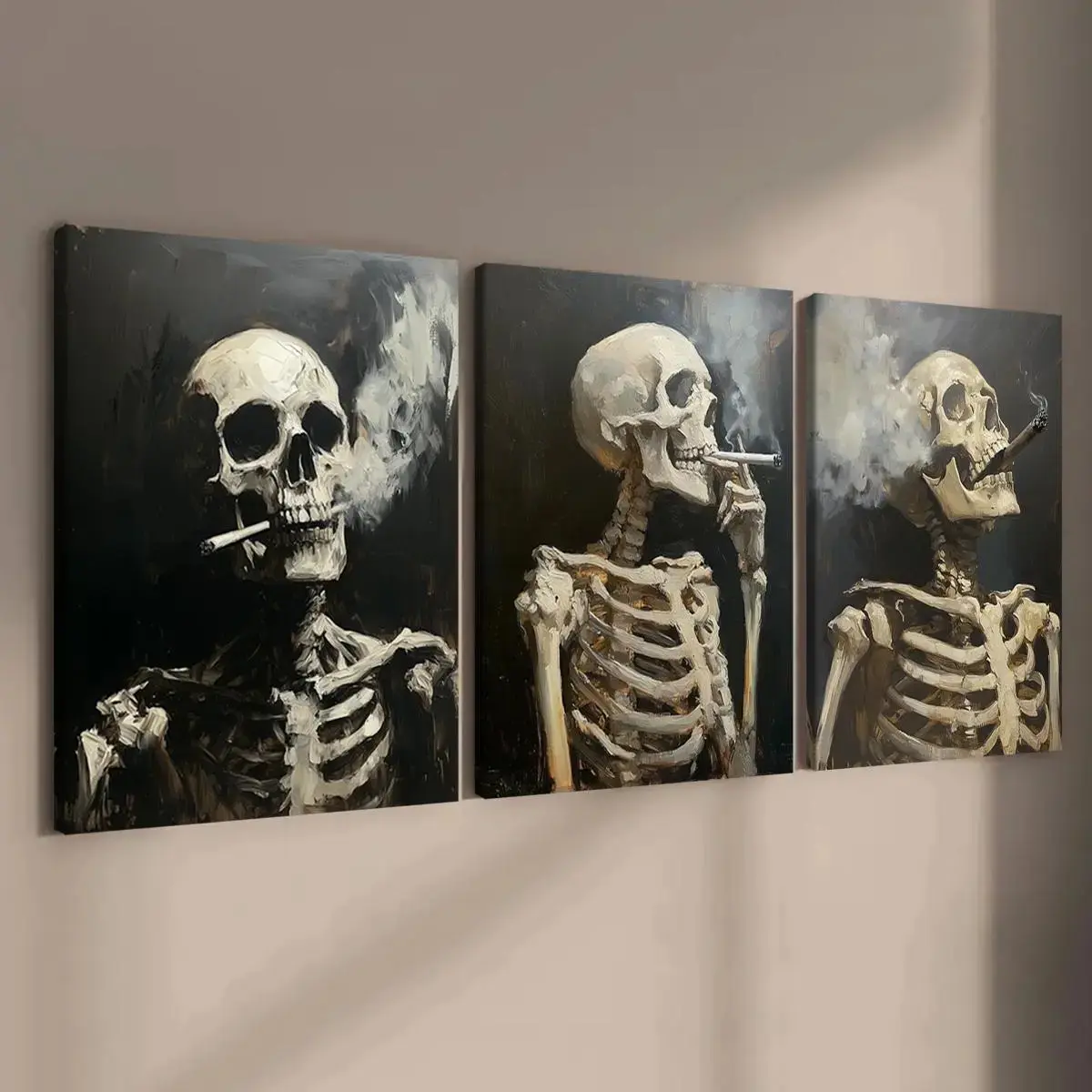 2D flat Wall decor framedSkull Pattern Canvas Painting, 3 Counts/set Creative Wall Art Poster, Wooden Wall Art, Wall Art Decor for Home Living Room Bedroom Office