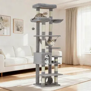 74" Tall Cat Tree,Large Cat Tree for Big Cats,Cat Tower with Scratching Posts, Condo, Perches, Hammock, Tunnel & Feeding Station,Light Gray