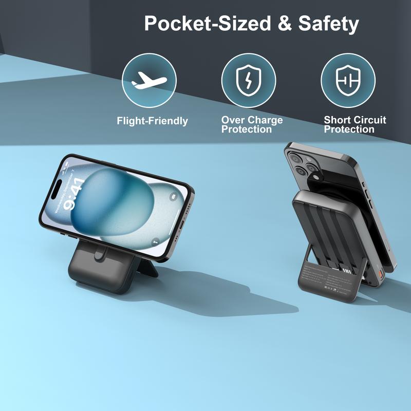 Magnetic Power Bank, 10,000mAh Wireless Portable Charger with 22.5W Max Fast Charging, Built-in USB-C and Lightning Cable, Fast Charging Battery Pack with Phone Stand for  iPhone 16/15/14/13/12/Pro/Pro Max