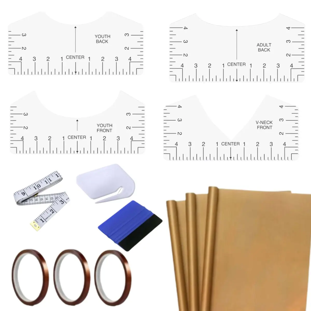 13-Piece Reusable Sublimation Sewing Kit - Heat-Resistant Sewing Tool Set with 4 Tshirt Ruler Guides, 3 Teflon Paper Rolls, 3 Heat Transfer Tape Rolls, Measuring Tape, Scraper, Cutting Tool for Wedding Shirts, Craft Room DIY Design, 13 Pcs