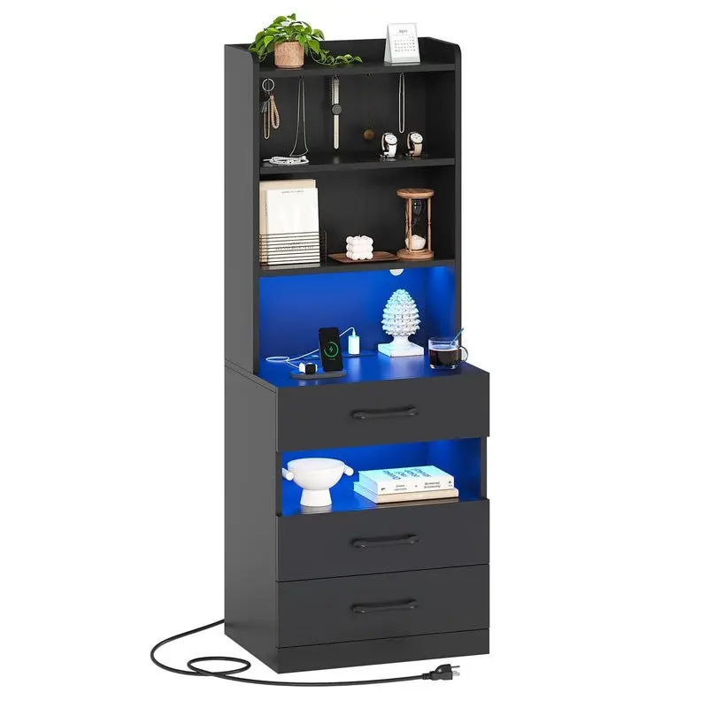 Sikaic Tall Nightstand with Charging Station and LED Lights, Bedside Table with 3 Drawers, Storage Shelves and Bookshelf, Modern End Table for Bedroom, Home Furniture, Dorm Essentials [tiktokshopbacktoschool]