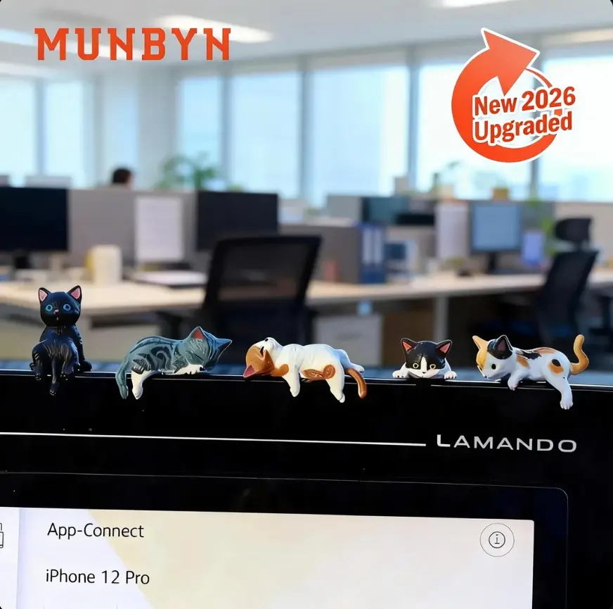 MUNBYN 2026 Mini Resin Cat Desk Figurines Set of 5, Cute Cartoon Kitty Ornaments, Office Stationery Decor for Home Office Cubicle, Mini Gifts for Coworkers