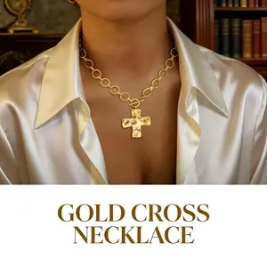 Statement Cross Pendant Necklace for Women Gold Chunky Layered Hammered Bold Cross with Vintage Toggle Clasp Ideal Easter Gift