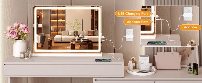 Vanity Mirror with Lights, LED Makeup Mirror with Dimmable 3 Color Modes, Touch Screen Control Vanity Based Mirror Desk Mirror Square White