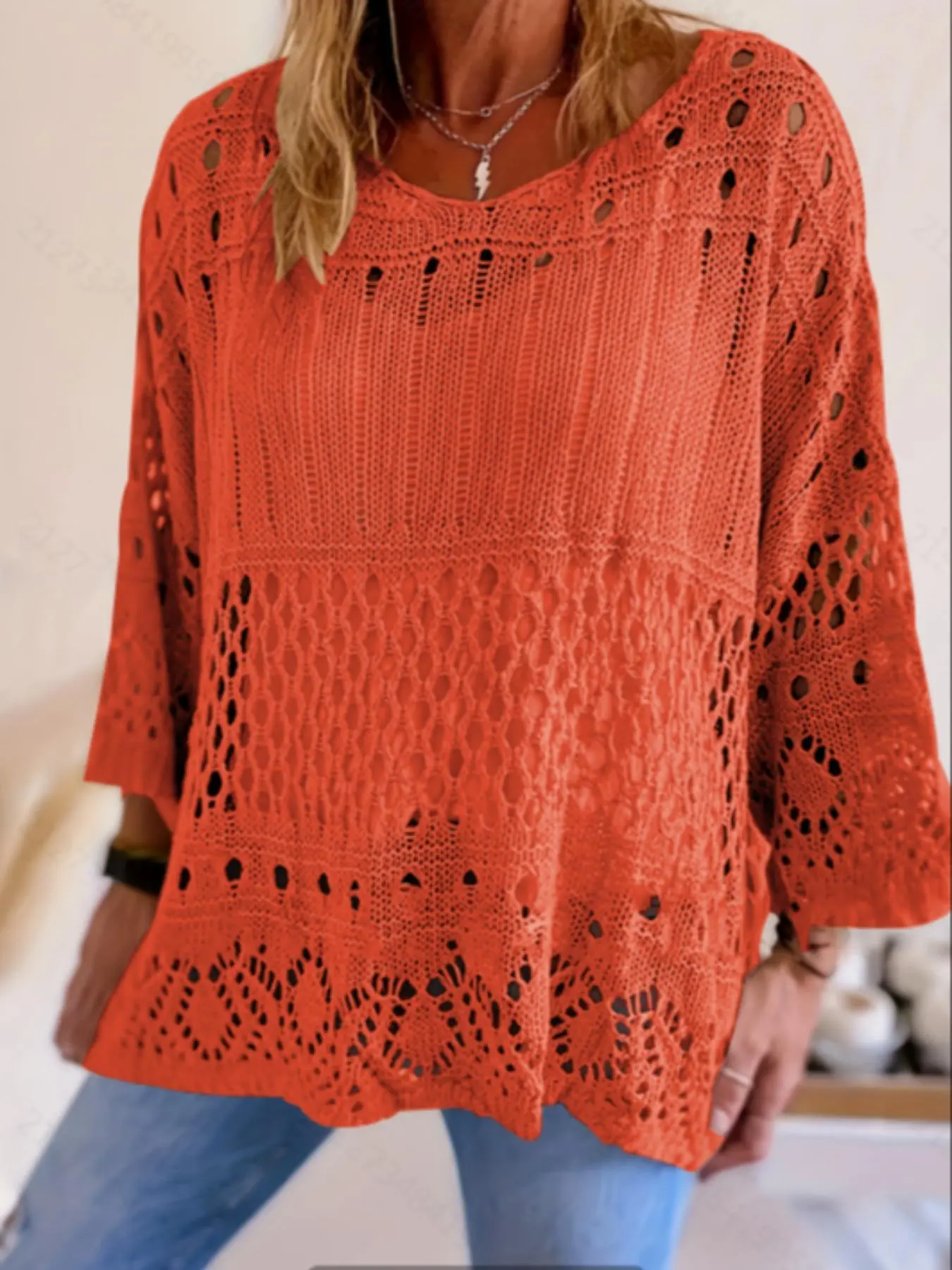 Plus Size Women's Summer Hollow Out Round Neck Knit Top, Oversized, Casual Elegant Vacation Style, Loose Oversize Batwing Shoulder, Spring Summer Wear Knitwear