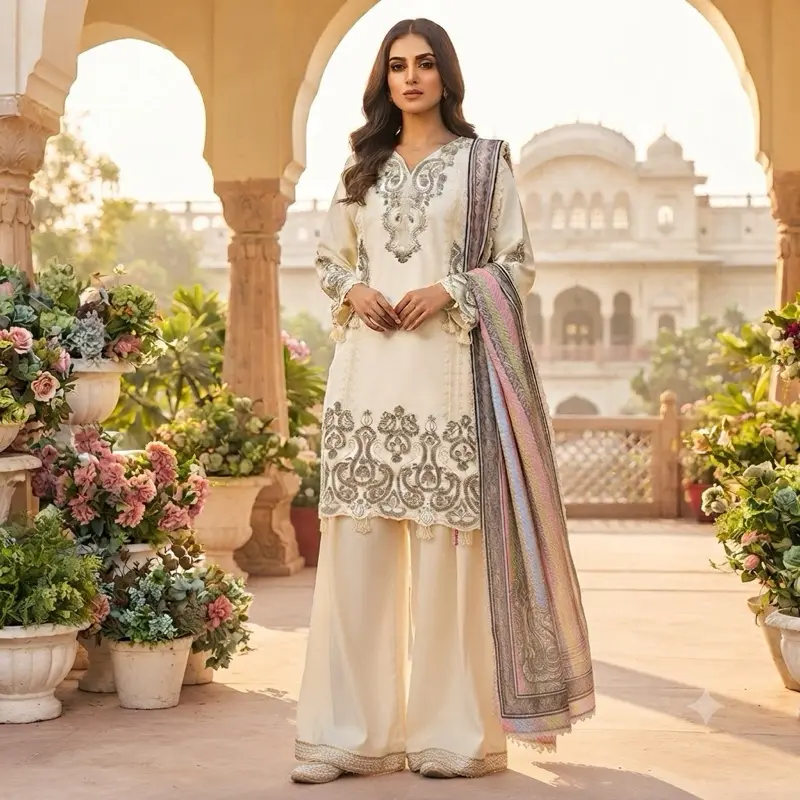 Women’s White Panjabi with Colorful Duppatta Traditional Clothing Long Sleeve Womenswear Casual Original Summer Dress Maxi Costumes
