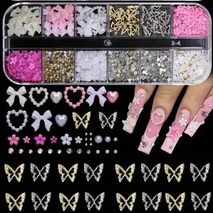 95pcs Nail Charms Set, 3D Y2K Nail Charms Set, Rhinestones, Pearls, Diamonds, Butterflies, Bows, Hearts & Flowers for Nail Art Decoration, Diy Rhinestone