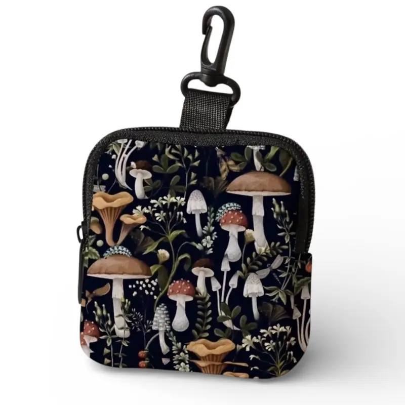 Mushroom Pouch 4"x4" Clip Accessories Bag with Vibrant Vintage Botanical Design Secure Clip Closure for Small Items Cottagecore Compact & Portable Durable Polyester Fabric