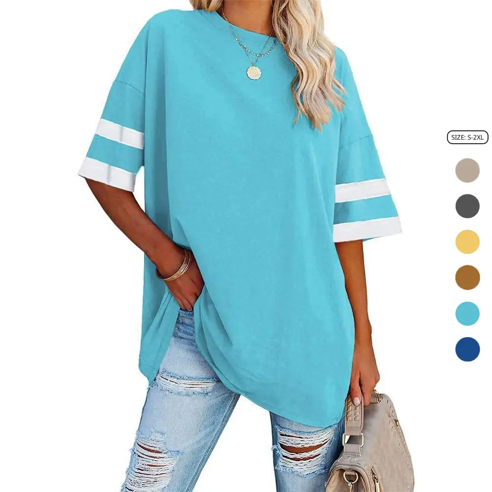 Imily Bela Womens Oversized Tees Cotton Loose T Shirts Half Sleeve Crew Neck Color Block Cotton Tunic Tops