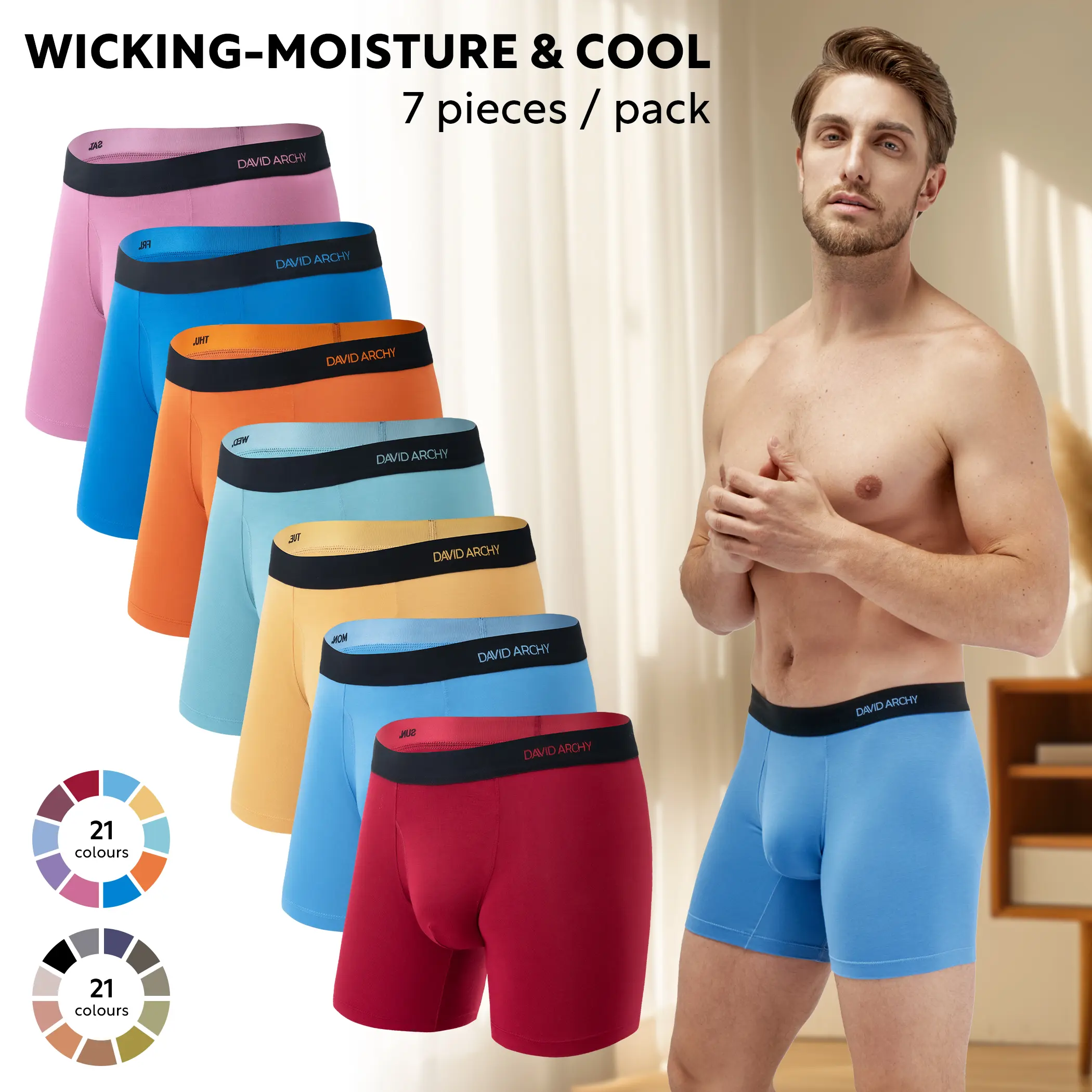 DAVID ARCHY Men's 7-Pack Plain Daily Briefs Set - 6.5'' Assorted Colors, Bamboo Rayon Fabric, Soft Elastic Seamless Spandex, Moisture-Wicking Cool Sweat-Wicking Feel, Supportive Fly Pouch, Machine Washable Breathable Mensfashion Undergarments