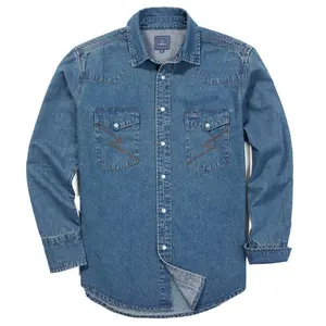 Men's Washed Denim Work Shirt - Long Sleeve Cotton Button Down Shirt with Regular Fit for Casual & Work Wear
