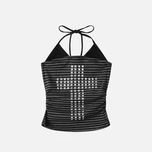 Aelfric Eden Halter Studded Cami Top Slim Fit Striped Rhinestone Cross Graphic Halter Neck Tie Y2K Retro Streetwear Top