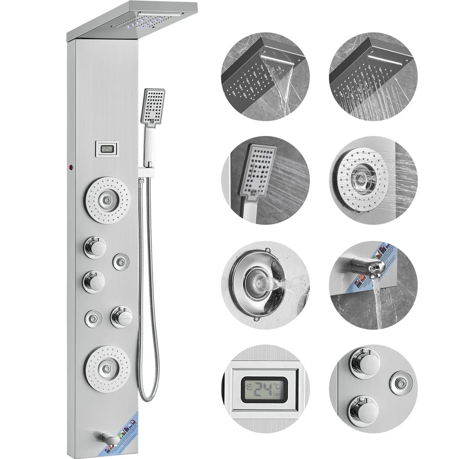 【Summerfinds】VEVOR Shower Panel System 6 Shower ModesLED & Display Shower Panel TowerRainfallWaterfall4 Body Massage JetsTub SpoutHandheld Shower Head 59" HoseStainless Steel Wall-Mounted Shower Set