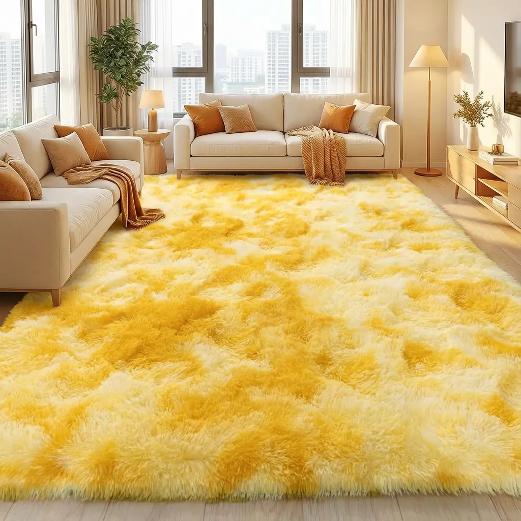 XEXSIN Large Minimalist Rectangle Rug, Super Soft Fluffy Tie-Dyed Orange Yellow Indoor Shag Carpet for Family Kid Room, Modern Home Room Decor, Minimalist Rug, Living Room Decor