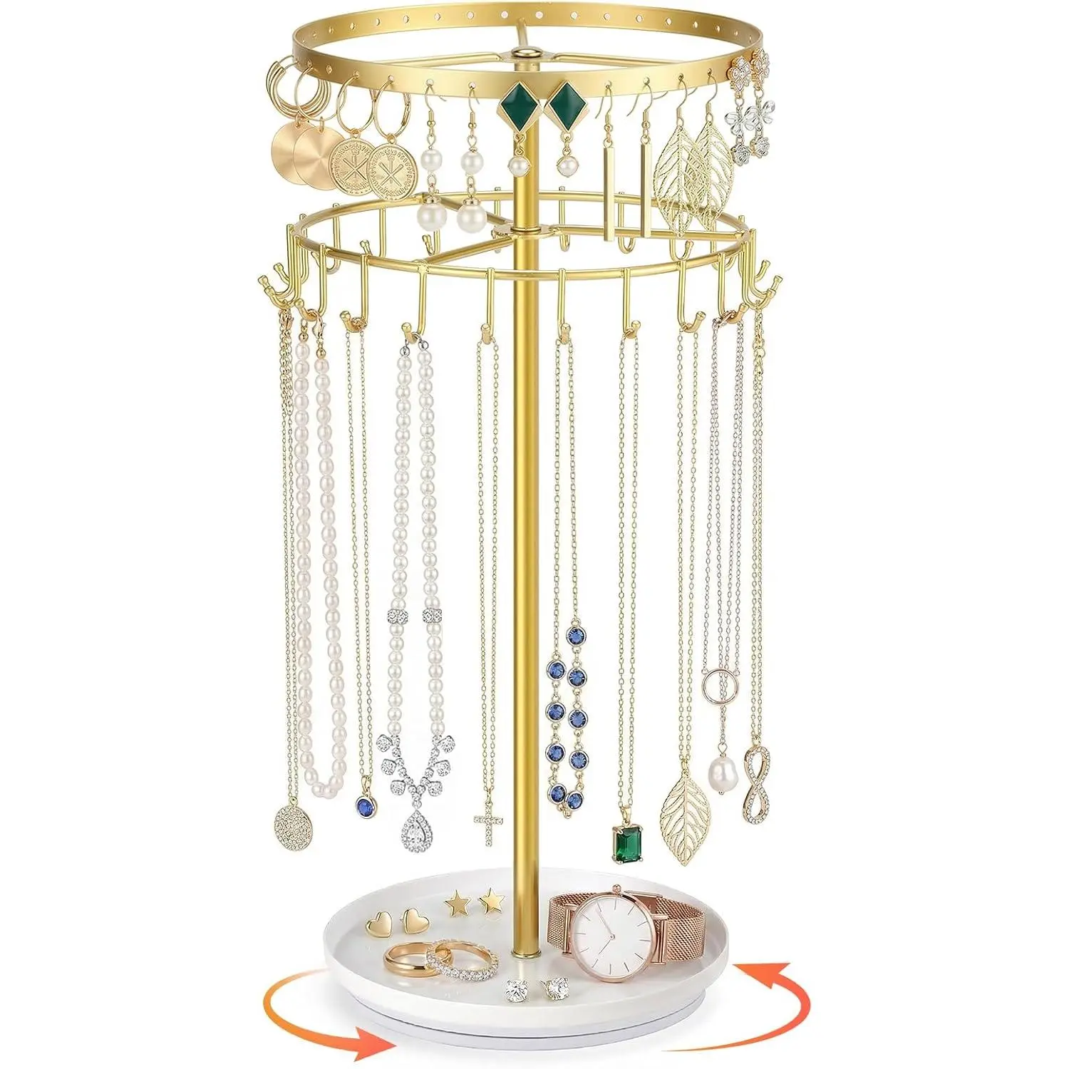 Necklace Holder Jewelry Organizer, 360° Rotating 3-Tier Jewelry Stand Display, 14.3" Holds 80 Pcs, Earring Holder, Bracelet Ring Holder, Jewelry Organizer and Storage For Women Vanity Dresser
