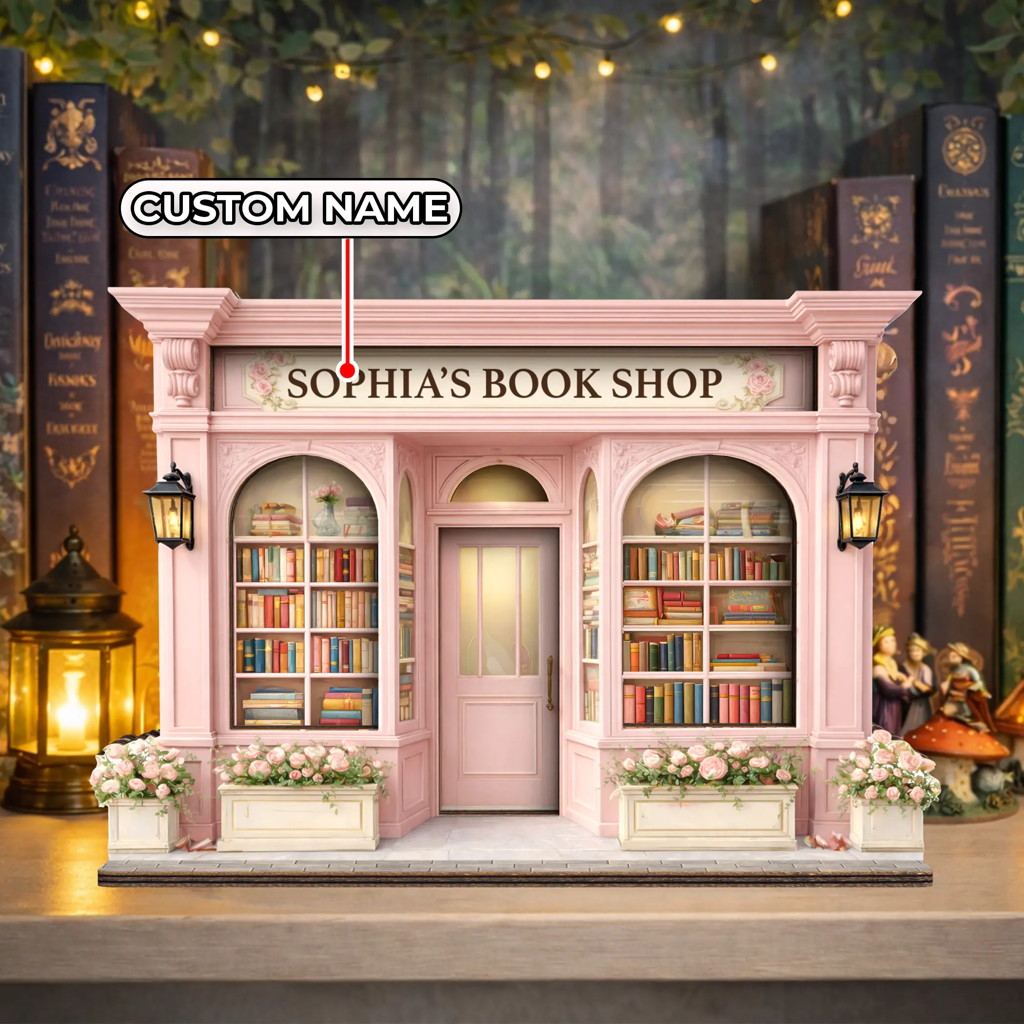 Personalized Wooden Bookshop Sign, Cozy Library Shelf Display Gift, Parisian Pastel Bookshop, Library Decor, 2D Flat, Gift for Book Lover, Bookish Gift, Stuff Bookworm