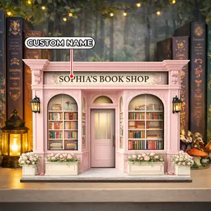 Personalized Wooden Bookshop Sign, Cozy Library Shelf Display Gift, Parisian Pastel Bookshop, Library Decor, 2D Flat, Gift for Book Lover, Bookish Gift, Stuff Bookworm