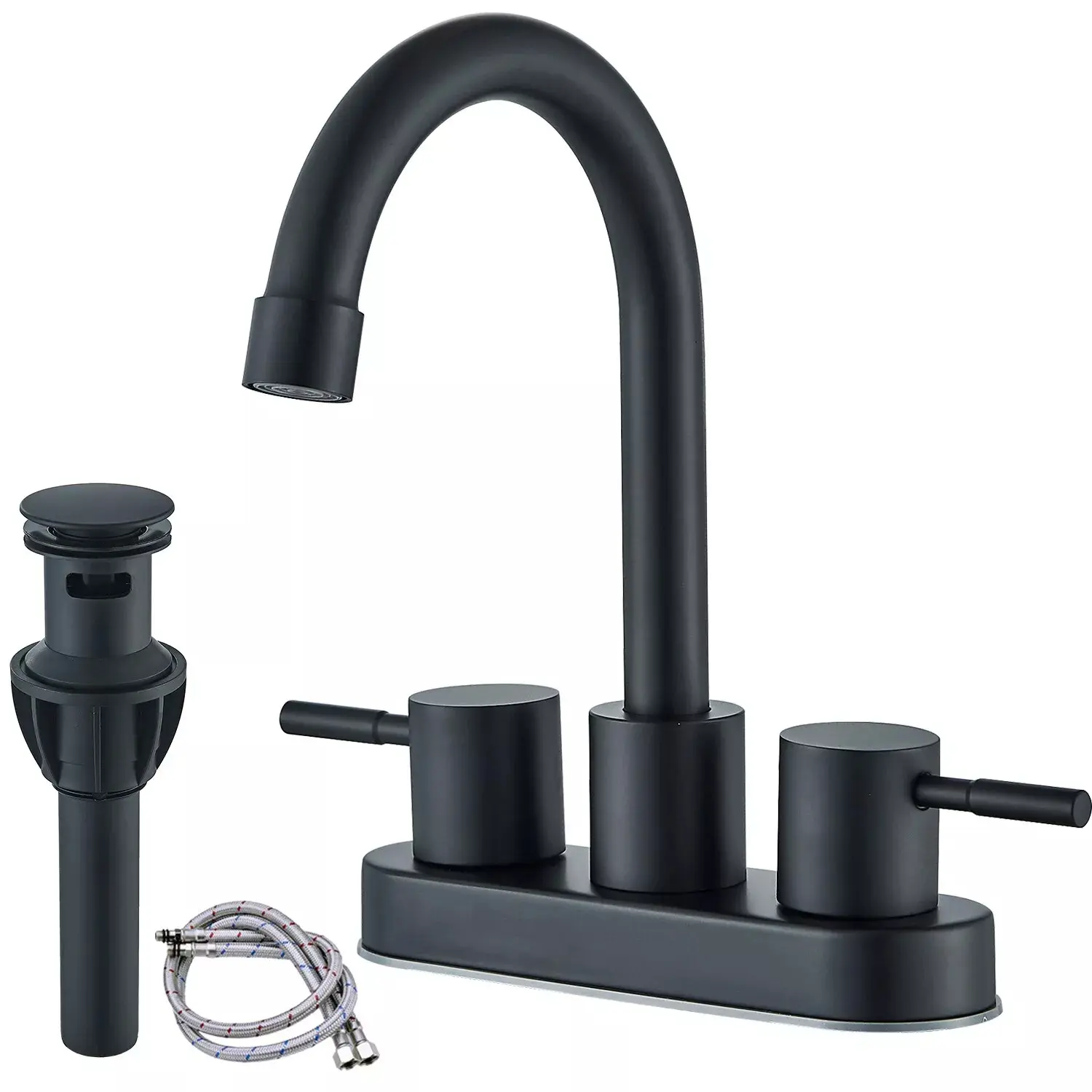 ATSHOWER 4-in Centerset Sink Faucet, 3-Hole 2-Handle Brass Lead-Free Stainless Steel Faucet for Bathroom Vanity, Includes Pop-up Drain & 2 Hot-Cold Mixing Supply Hoses (Matte Black, Brushed Nickel), Industrial, Includes Parts