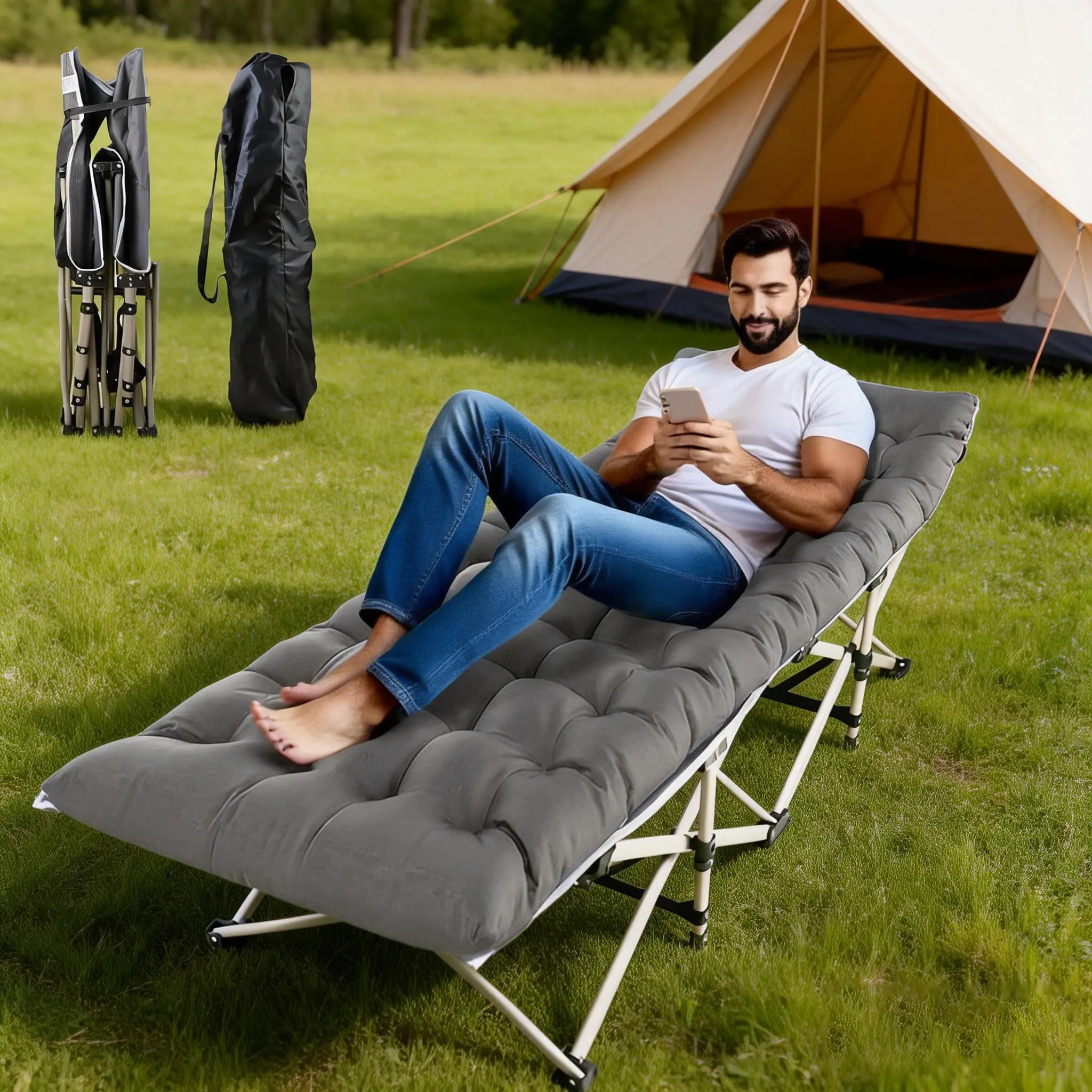 Portable Folding Heavy-Duty Metal Camping Bed with Carry Bag, Oxford Cloth, Foam Mats - Triangular Frame, Roomy Space, Ergonomic Inclined Headrest for Adults/Kids, Outdoor Sleeping, Home Lounging