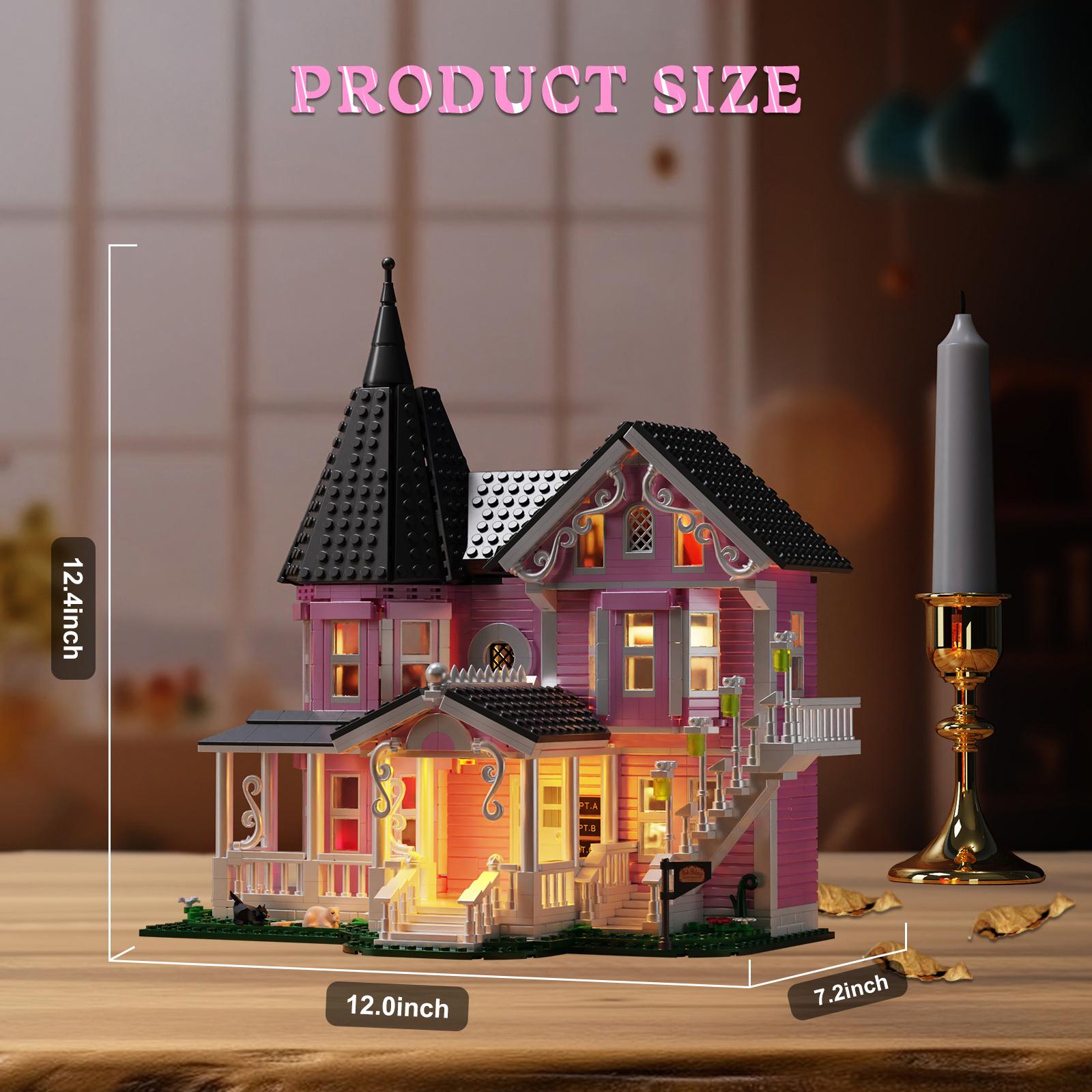 Classic Halloween Pink Mansion Building Blocks Set with LED Lighting, Piano Room, Kitchen, Attic, Bedroom, Living Room Included, Perfect Halloween & Christmas Toys and Gifts for Fans and Kids (1346 pcs) Playhouse