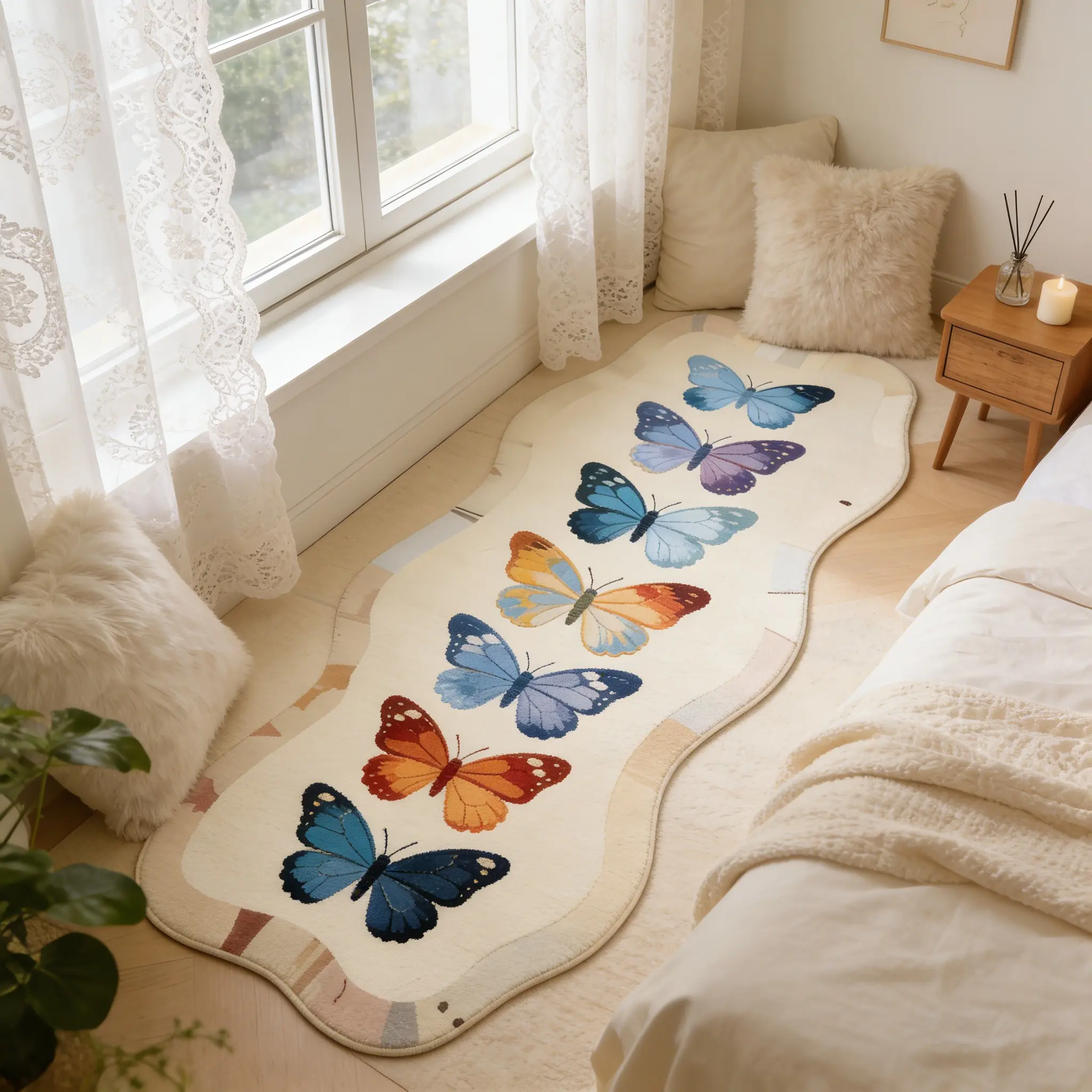 Butterfly Area Rug, Indoor Rug, Fluffy bedroom rug, Bedroom Bedside Rug, Soft comfortable bedroom mat, Decorative rug for a girl's room, Soft comfortable foot pads, Suitable for living room, bedroom, porch, Home Decor Rugs