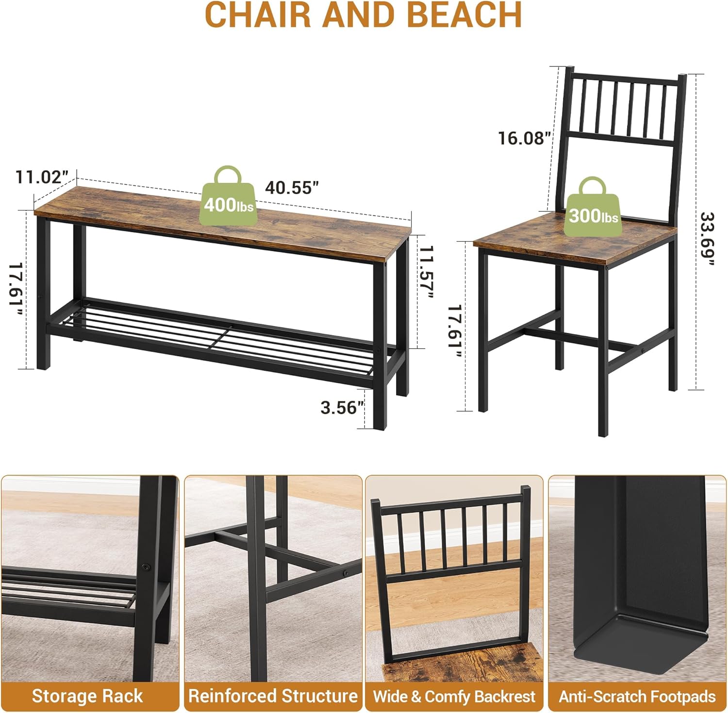 Farmhouse Kitchen Table Chairs Set for 4, 47" Modern Dining Table with Bench & Chairs, Storage Shelf, Metal Frame, Space-Saving for Dining Room Kitchen Apartment