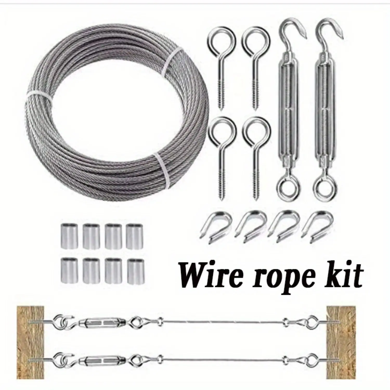 304 Stainless Steel Wire Rope Cable Kit (20M/66FT, 1/16") with Turnbuckles, Hooks, Thimbles, Crimping Loop Sleeves, Eye Screws for Clothesline, Deck Railing - Home Improvement Building Supplies, Thimble, Adjustable Railing Kit, Sturdy, Full Kit Set