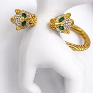 Gold Panther Head Open Cuff Bracelet with Green Eyes