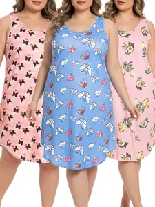 Three-piece set of large-sized sleepwear for women, featuring summer colors, three-piece vest, loose and casual design, floral and flower prints, extra-large size, home wear dress, three-piece combination set.