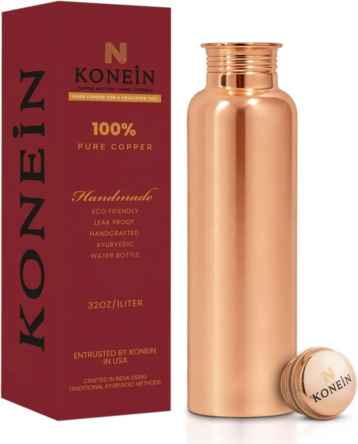 100% Copper Water Bottle, Plain Classic Finish Design, (34 Oz/1000ml), Copper Bottle for Drinking water with Nature Health Benefits, Leak-Proof, Durable & Eco-friendly, Ayurvedic water Bottle