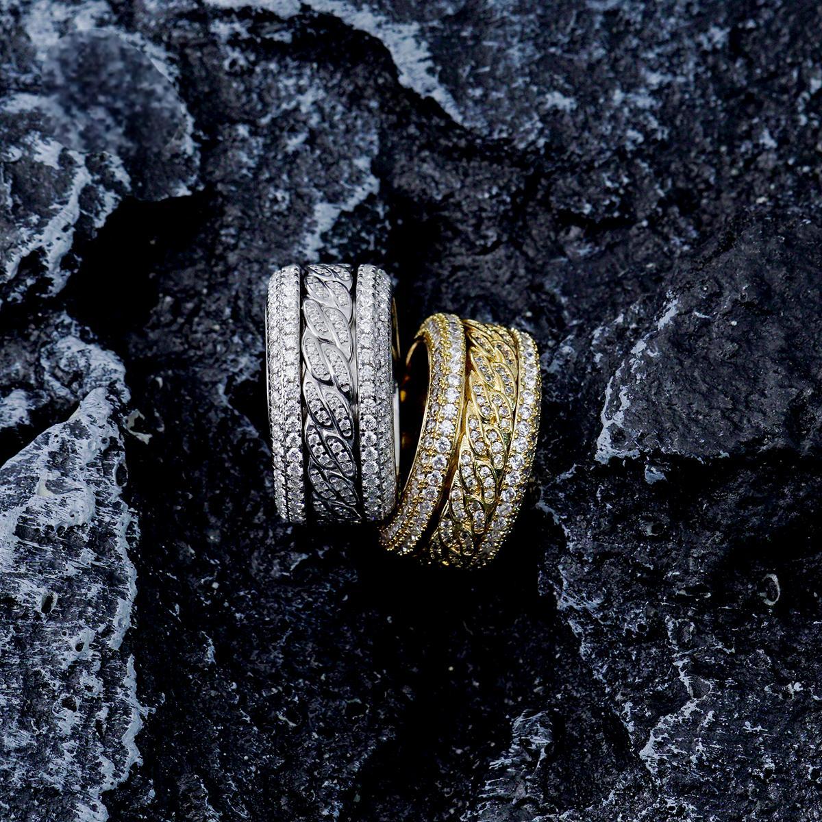 Delzzad Unisex Rotatable Layered Iced Ring Cuban Ring VVS Synthetic Moissanite S925 Band Perfect for Any Occasion & Everyday Wear Lover Birthday Anniversary Christmas Gifts