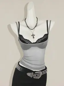 Glamine Women's Red Sheer Camisole Top, Paired With Black Lace Spaghetti Strap Bra 2 Pieces Set,Sexy Tops