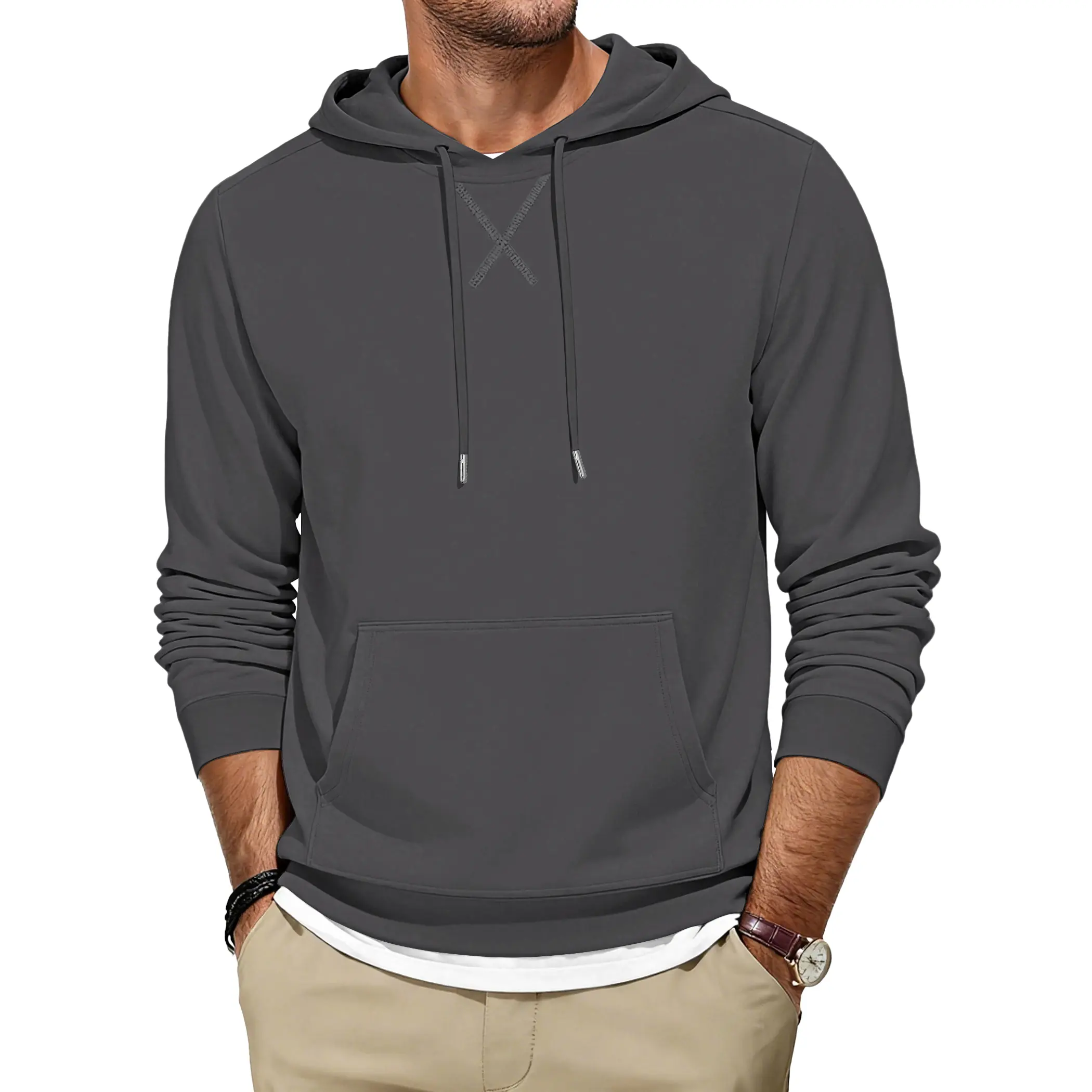 AUSELILY Menswear Men's Hoodie Tops - 2026 New Casual Long Sleeve Pullover Sweatshirt with Pockets, X Decoration,clothes for back to school,first day of school outfits