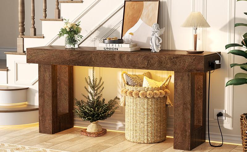 【2026 New Year Refresh】Homieasy 63” Farmhouse Console Table with Power Outlets & Motion Sensor Light, Wooden Entryway Rectangular Sofa Table with Storage for Living Room, Hallway & Entryway entryway table
