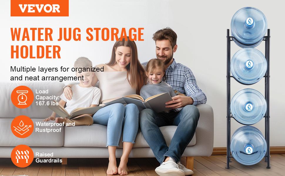 VEVOR 4 Tiers Water Jug Holder, 5 Gallon Water Bottle Holder, Single Row Water Bottle Rack for 4 Bottles, Heavy Duty Water Jug Rack for Kitchen, Office, Living Room, Black VEVOR 4 Tiers Water Jug Holder, 5 Gallon Water Bottle Holder, Single Row Water Bottle Rack for 4 Bottles, Heavy Duty Water Jug Rack for Kitchen, Office, Living Room, Black