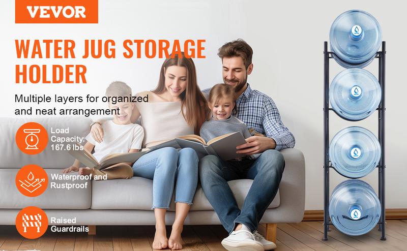 VEVOR 4 Tiers Water Jug Holder,  5 Gallon Water Bottle Holder, Single Row Water Bottle Rack for 4 Bottles, Heavy Duty Water Jug Rack for Kitchen, Office, Living Room, Black