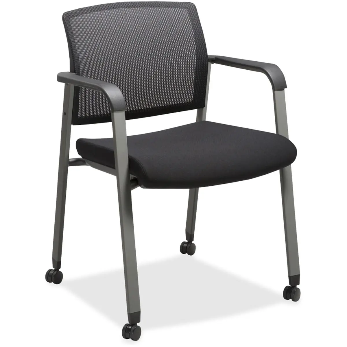 Black Fabric-Upholstered Cushioned Square Conference Chair - Nylon Fixed Arms, Contoured Ergonomic Support, 17-3/8in x14in Mesh Back, Exhaust Vent, Caster Wheels, 18-3/8in x18-3/4in x18-1/8in Cushioned Seat, Ideal for Large Meeting Areas, Lobbies, Back: 1