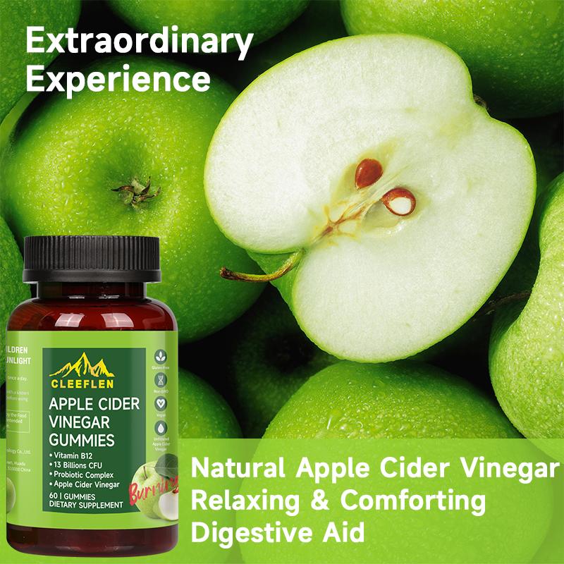 CLEEFLEN Apple Cider Vinegar Gummies, with Vitamin B12 and Probiotics, Supports Digestive Health, Detox Cleanse, Immune Boost, Gluten-Free, Suitable for Vegetarians [60 Gummies] Natural Supplement