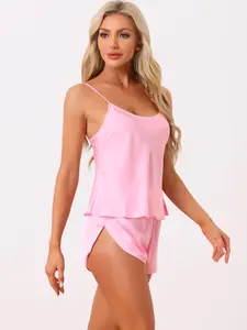 INSPIRE CHIC Silky Satin Pajamas Sets Cami Shorts Sets Sleepwear 2pcs for Women